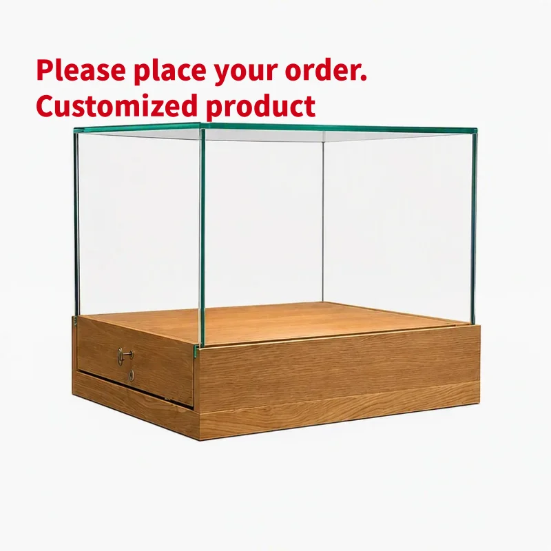 custom.Luxury Solid Oak Wood Base Tempered Glass Display with Lockable Drawer and Security Lock Jewelry Watch Counter S
