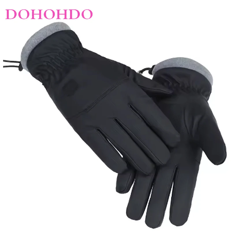 Męskie czarne rękawice zimowe do jazdy na nartach, na rower, wiatroodporne, wodoodporne, ocieplane aksamitem, motocyklowe rękawice skórzane Guantes Moto