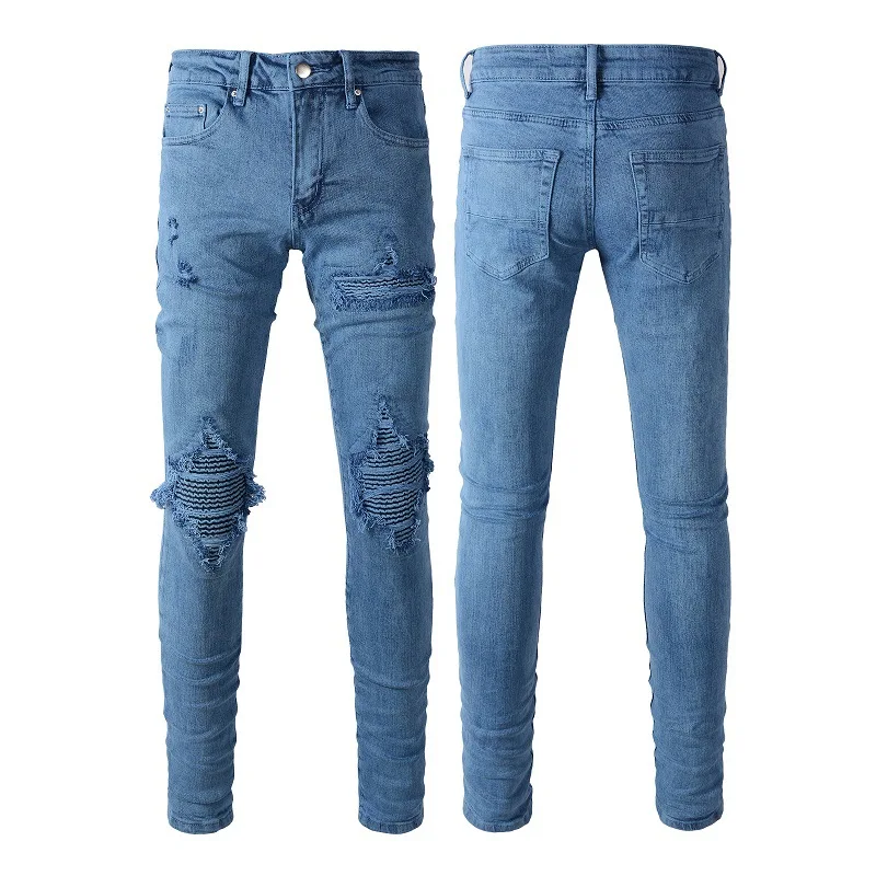 Jeans skinny masculinos de moda estilo americano enrugados elásticos e justos com remendos rasgados. Novo estilo para quatro estações em 2024.