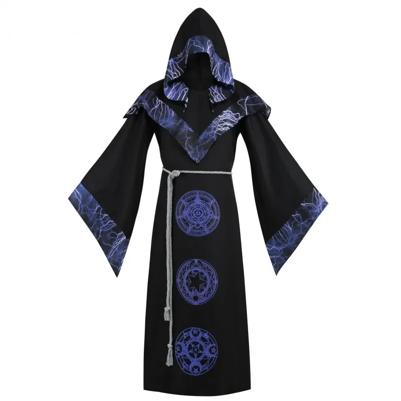 Mens Medieval Dark Mystic Sorcerer Robe Halloween Costume Hooded Cape Cosplay Cloak