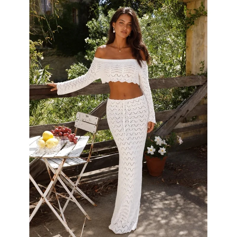 White Knitted Hollow Out Dress Suit Women Sexy Off Shoulder Crop Top Drawstring Split Long Skirt 2 Piece Set Beach Vacation Wear