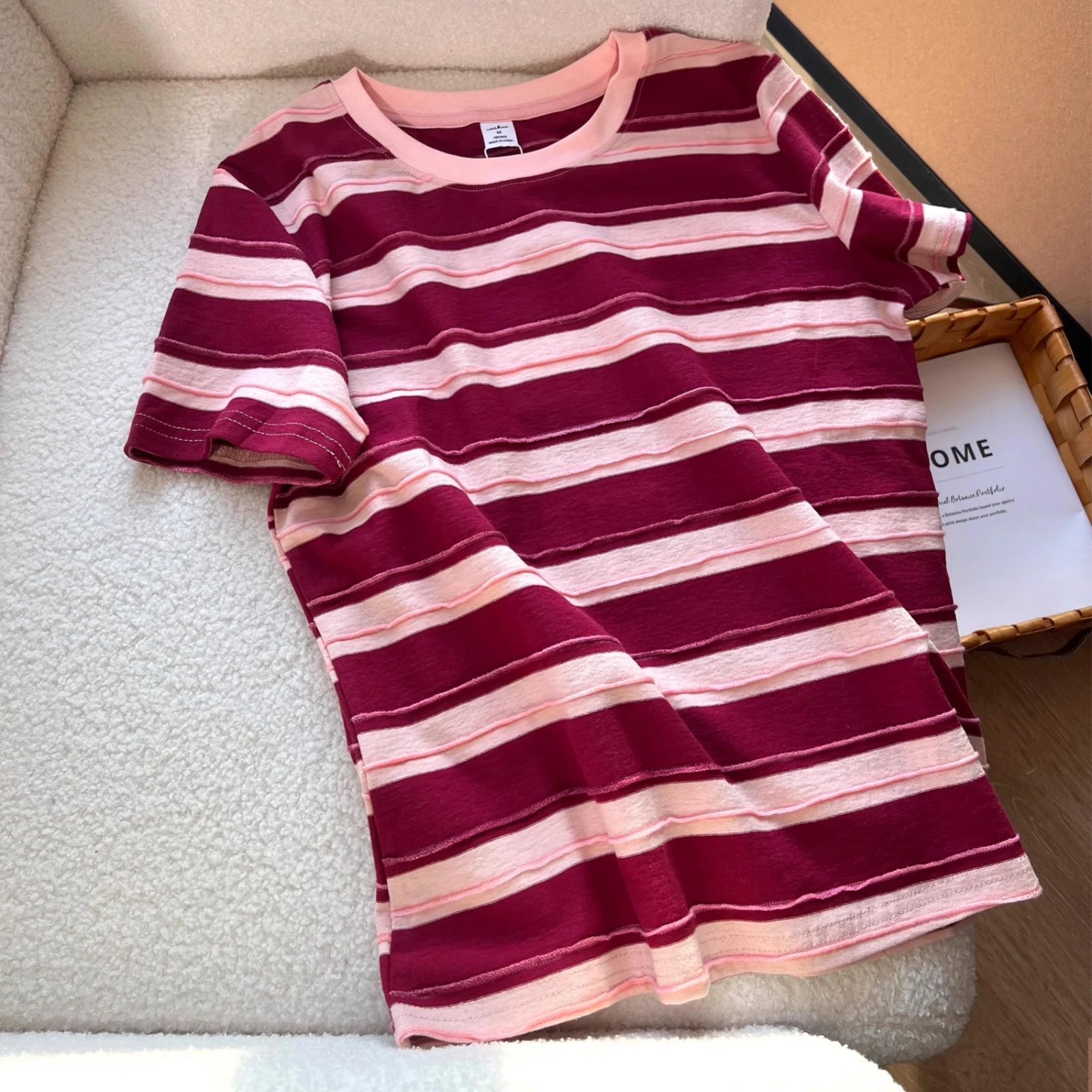 Summer 2026 Casual Loose Women's T-shirt round Neck Stripe Pattern Fashionable Top Comfortable Knitted Cotton Blend Tee