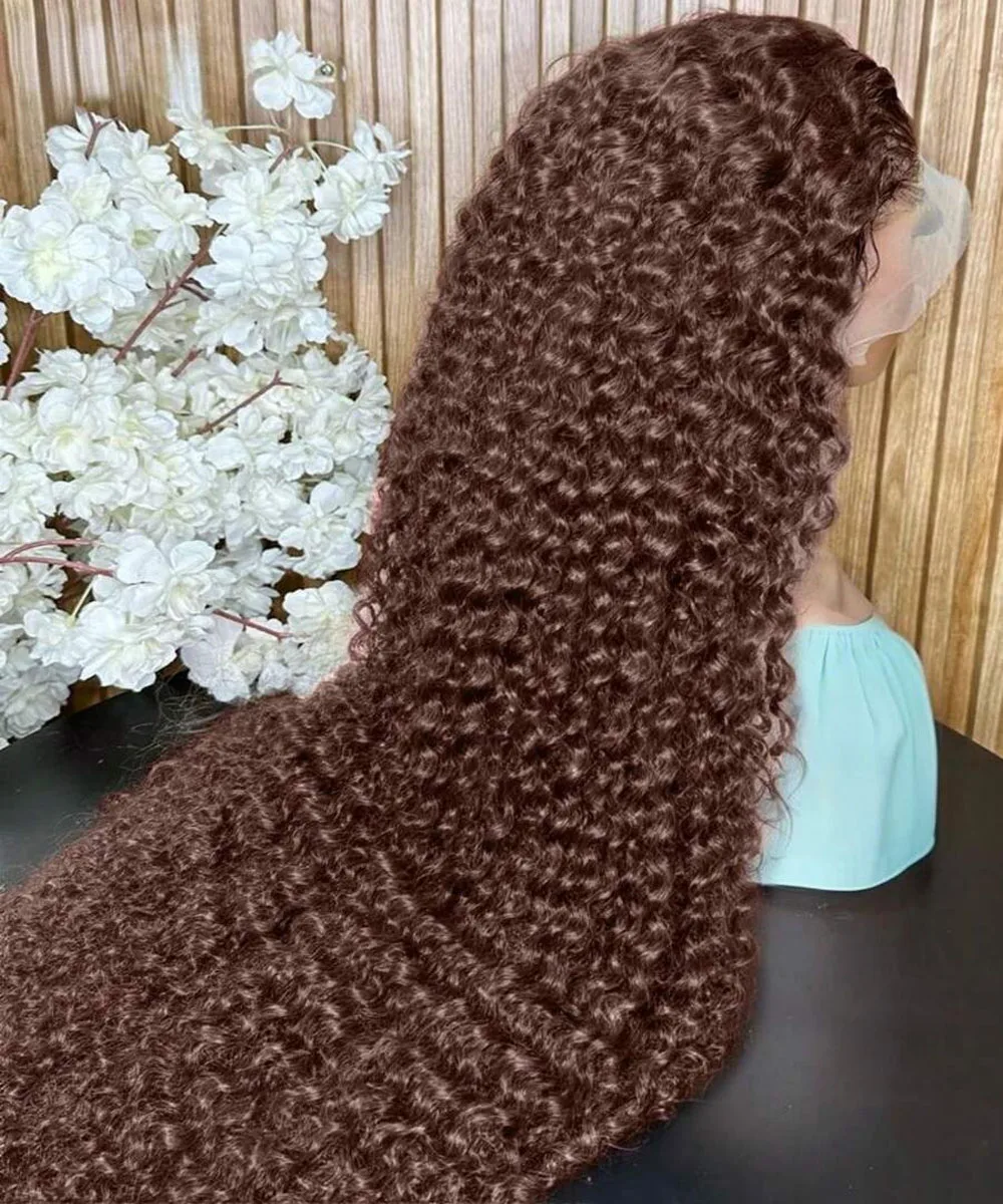 

13x4 Chocolate Brown Lace Frontal Deep Wave Wigs Human Hair 34 Inch Pre Plucked Transparent Lace Front Human Hair Wig