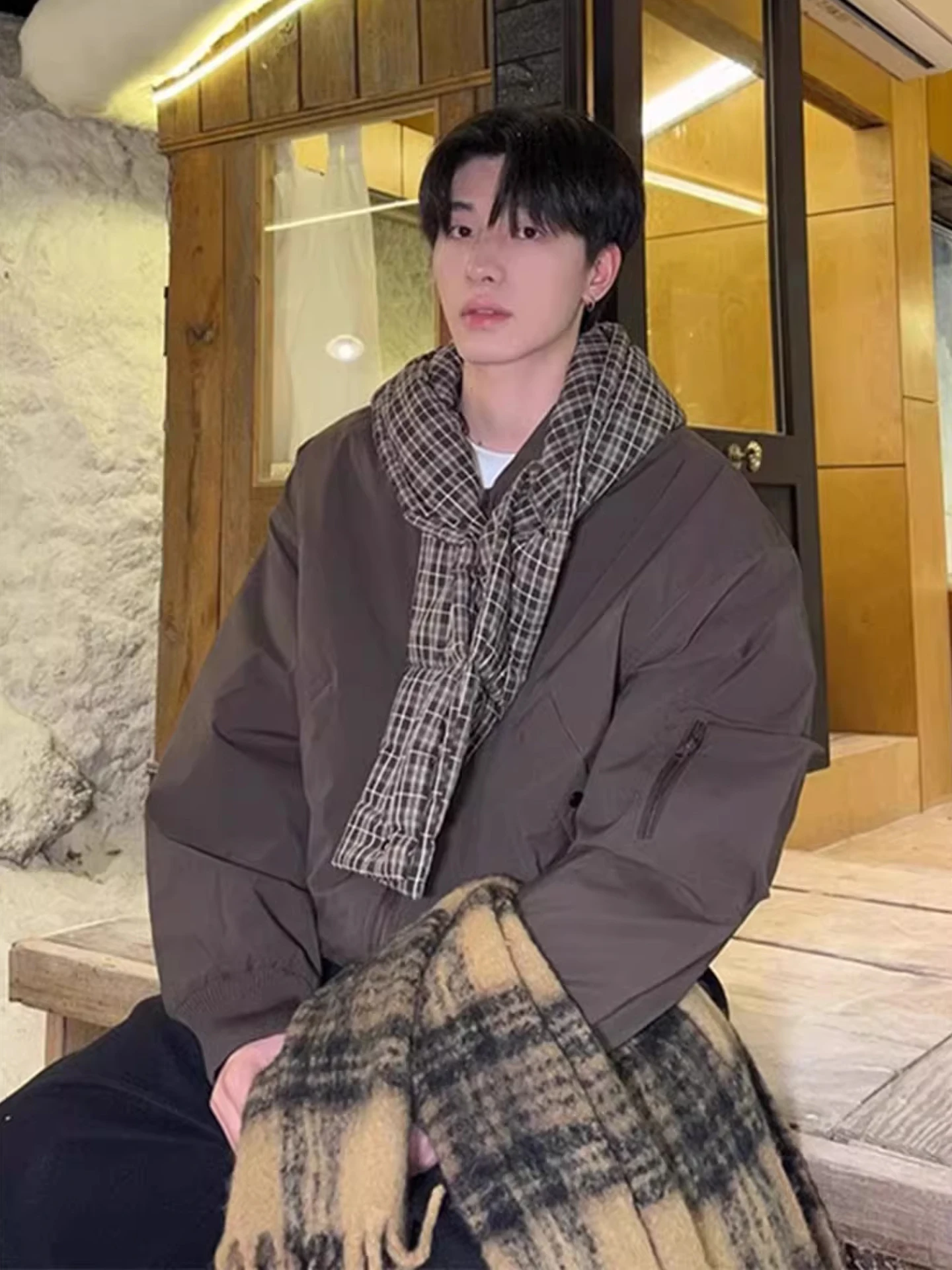 

Хлопковое пальто в стиле ретро в американскую клетку с капюшоном, мужское зимнее Thiened, теплое свободное хлопковое пальто для пар, молодежное модное длинное пальто на молнии све