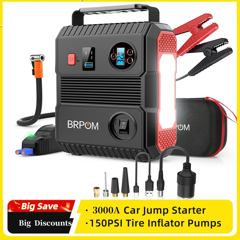 4 In 1 3000A Car Jump Starter Power Bank 24000mAh 150PSI Air Compressor Battery Booster Digital Tire Inflator with 120W DC Out