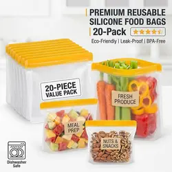Saco Ziplock de Silicone reutilizável para armazenamento de alimentos Manutenção fresca Saco de congelador selado Armazenamento de frutas e vegetais Saco à prova de vazamento