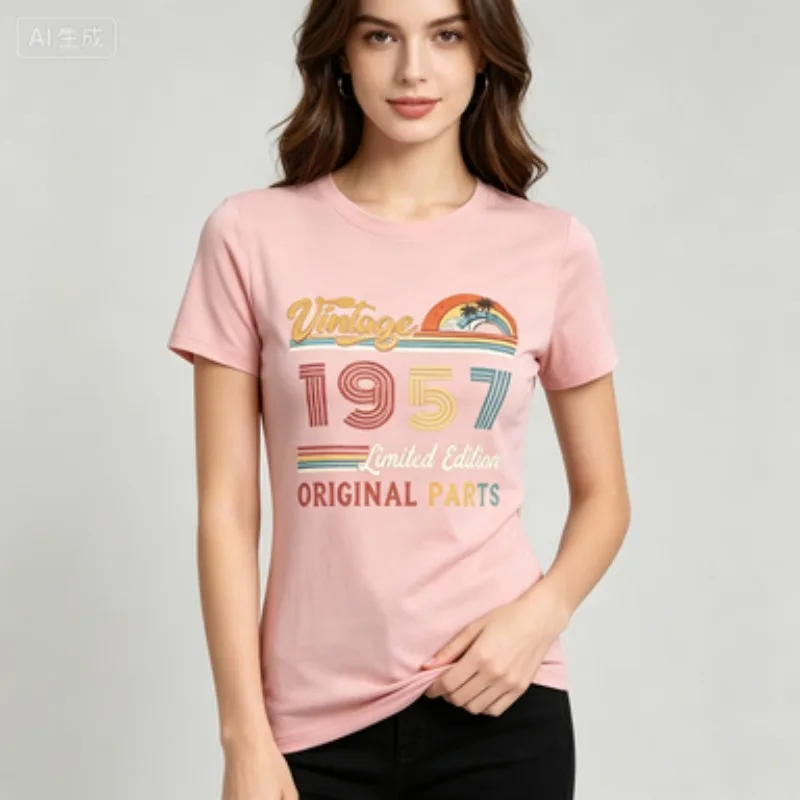 Ladies Crew Neck T‑Shirt Retro 1957 Original Parts Vintage Art Print Short Sleeve  Trendy Palm Tree Sunset Casual Tops for Women