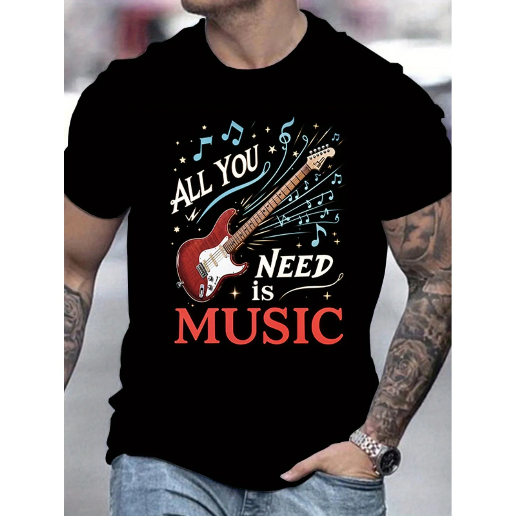All You Need Is Music Guitar Printed T-shirts Men's Casual Round Neck Short-sleeved Top