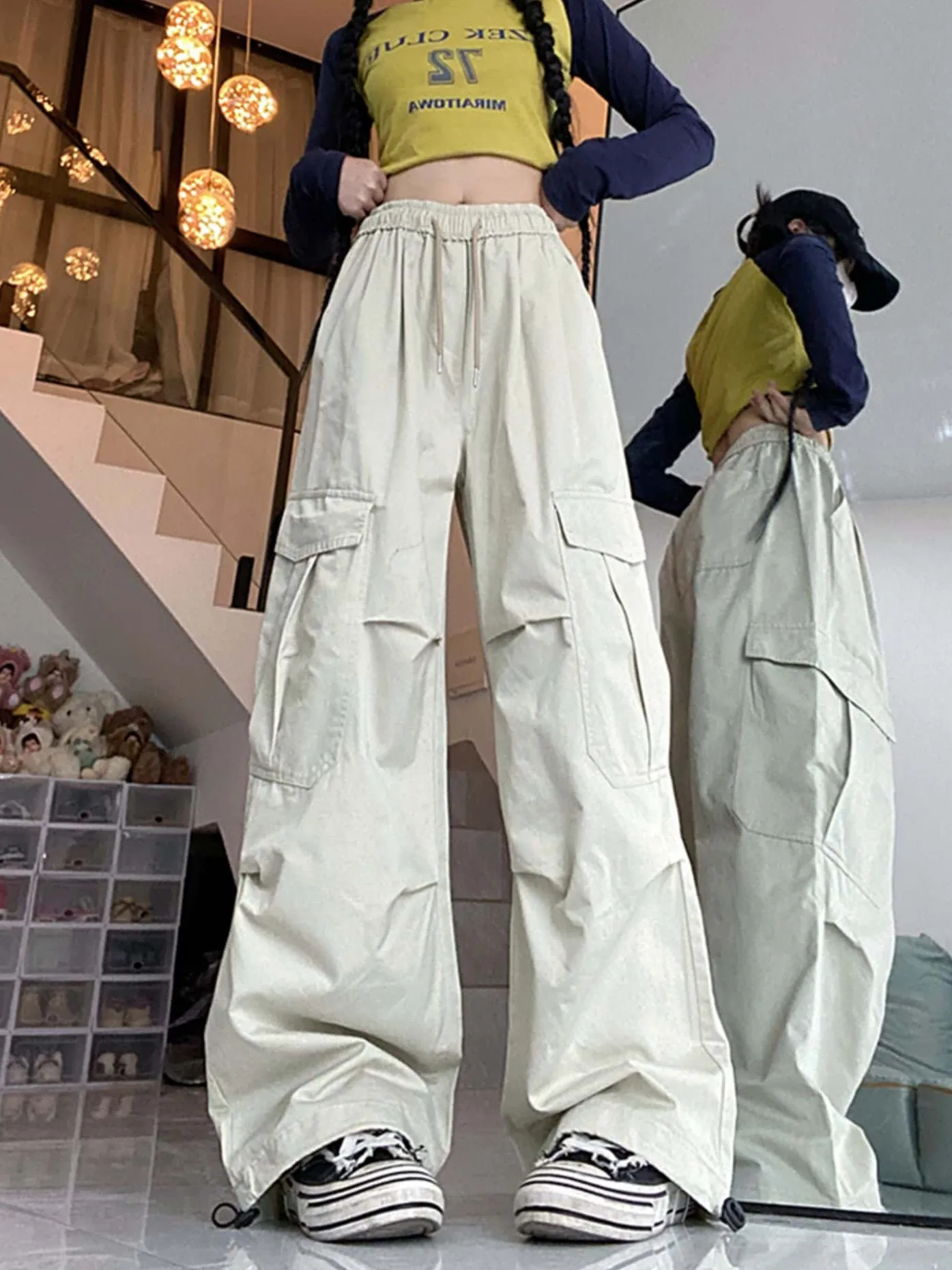 Pantalon de travail militaire rétro américain, décontracté, style streetwear, fonctionnel, ample, large, à jambes larges, avec cordon de serrage, pantalon long