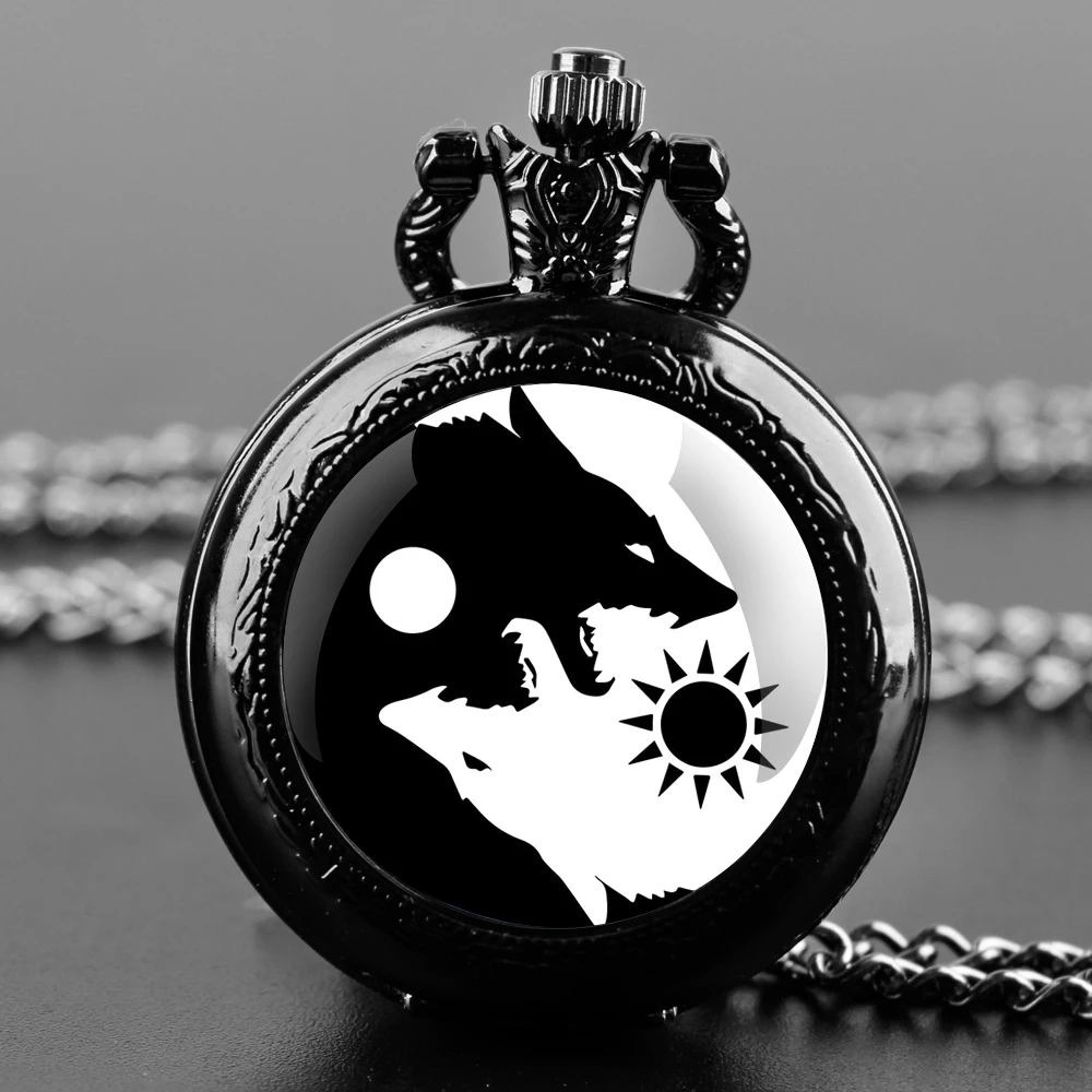 

Yin-Yang Wolf Design Glass Dome Fashion Arabic Numerals Quartz Pocket Watch Necklace Pendant Chain Mens Women Gifts