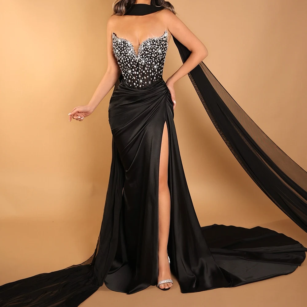 

Customized Mermaid Evening Dresses Floor-length Strapless Sleeveless Prom Gown Fashion Crystal Stole Draped Backless Party Gown