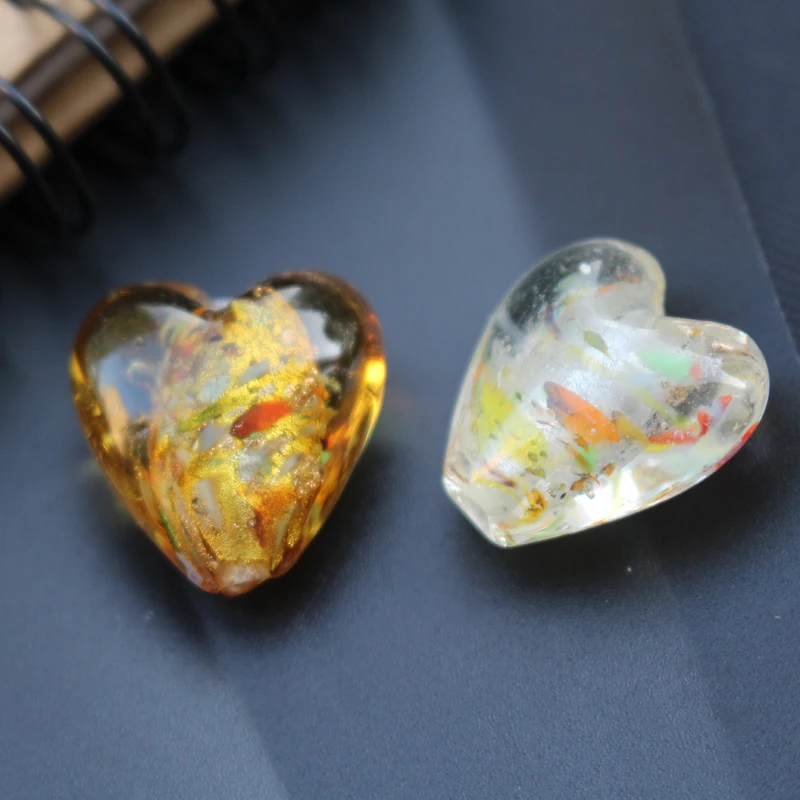 10Pcs Handmade Lampwork Glass beads Heart Shape Loose Bead Foil with Colorful Pieces White for Jewelry Bracelet Necklace Making