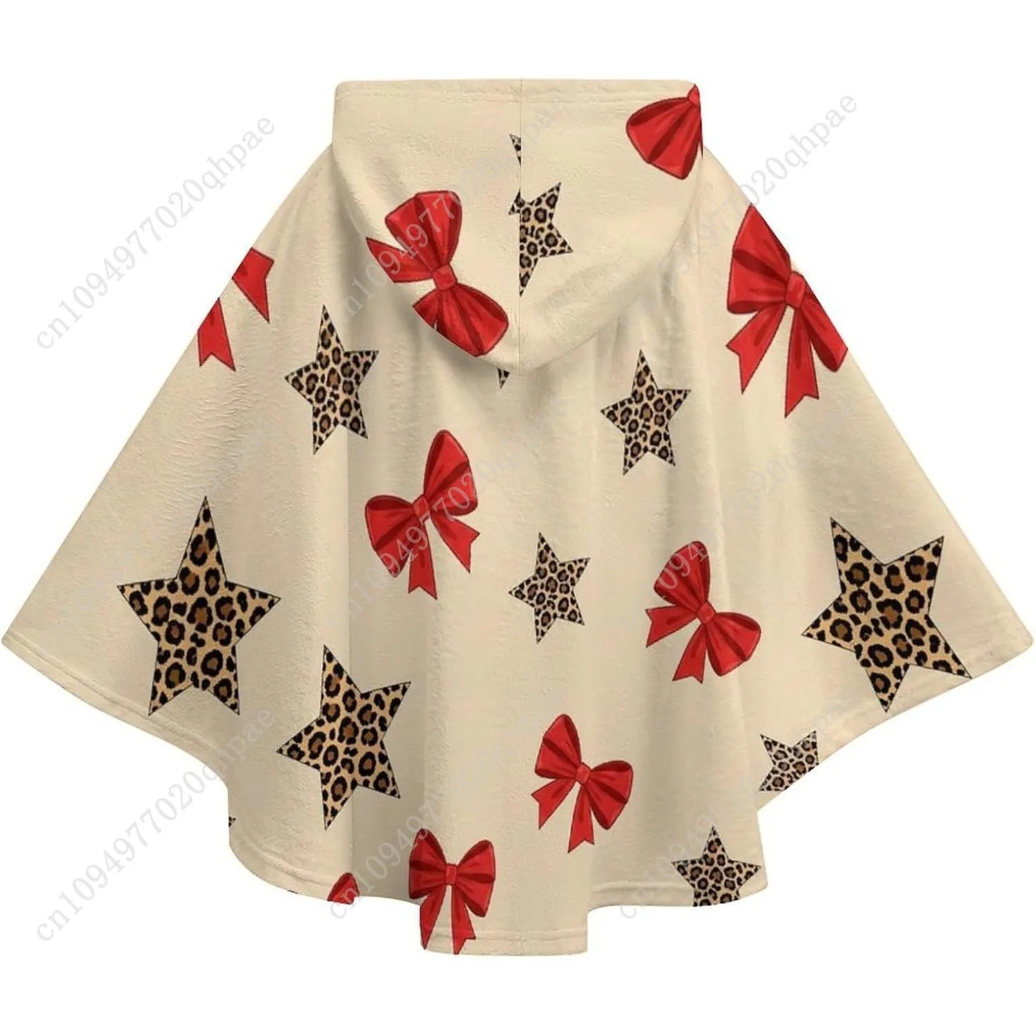 Suéter cobertor de flanela aconchegante, capuz grande com estrelas de leopardo e arcos vermelhos com bolsos para crianças e adolescentes