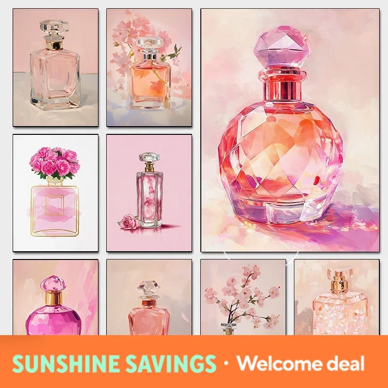 2026 Elegant Pink Perfume Bottle Posters Luxury Girly Apartment Fashion Prints Canvas Painting Wall Art Pictures Home Bedroom