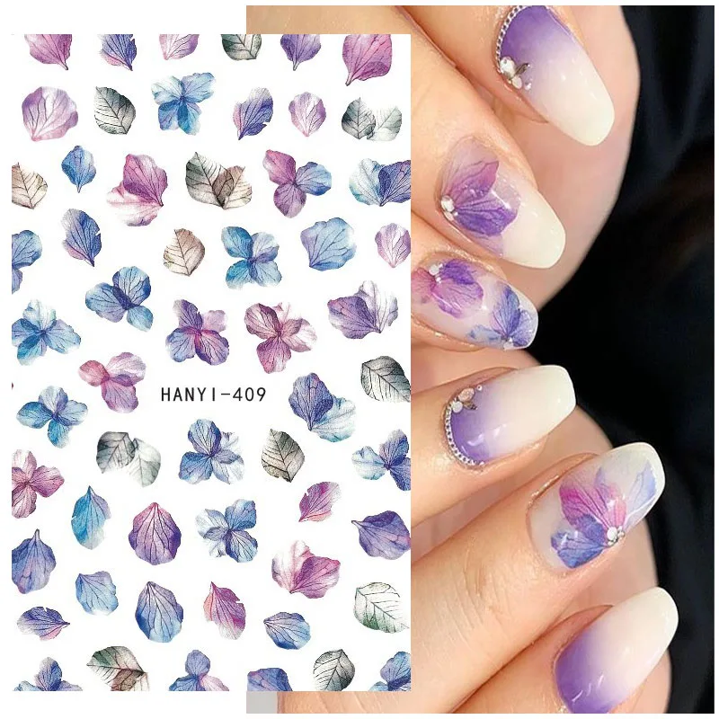 3D Back Glue Nail Stickers Watercolor Blue White Nail Manicur Spring Floral Adhesive Transfer Decals Slider Nail Art Decoration