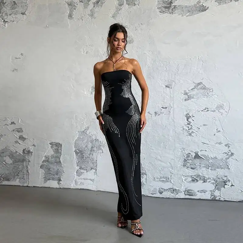 

Fashion Hot Diamonds Slim Tube Top Dresses Women Temperament Sexy Package Hip Bodycon Slit Dress Streetwear Party Club Vestidos