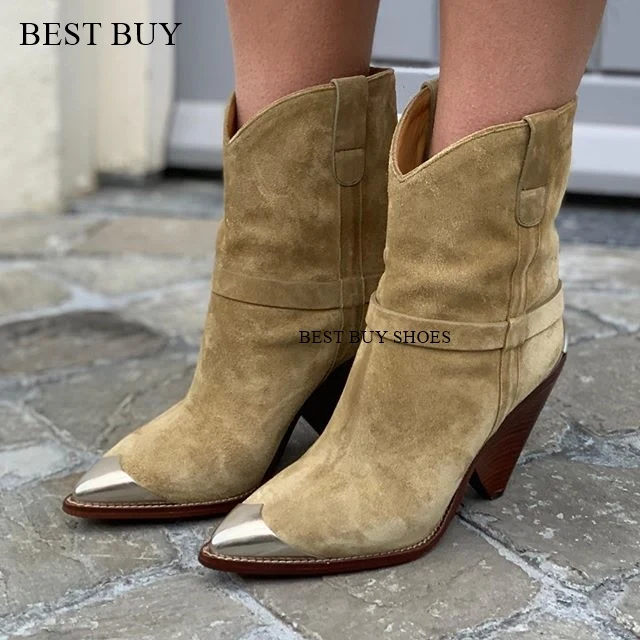 Metal Toe High Heel Women Boots Genuine Leather Short Ankle Boots Suede Leather Pointed Toe Heels Shoes Ladies Matin Boots 2024