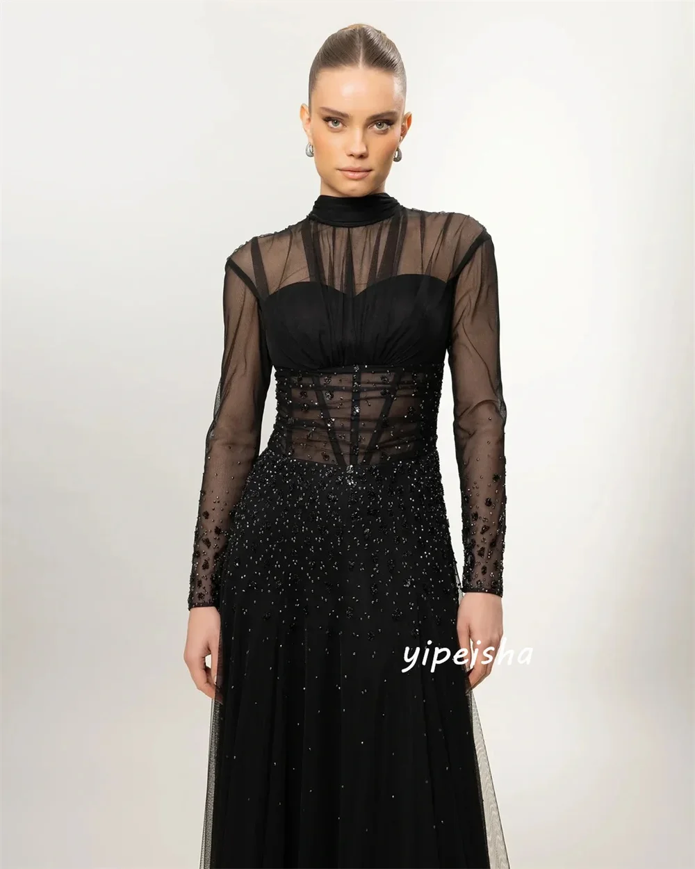

Customized Sexy Fashion Tulle Beading Sequined Rhinestone A-line Sparkle High Collar Long Dresses Evening Dresses