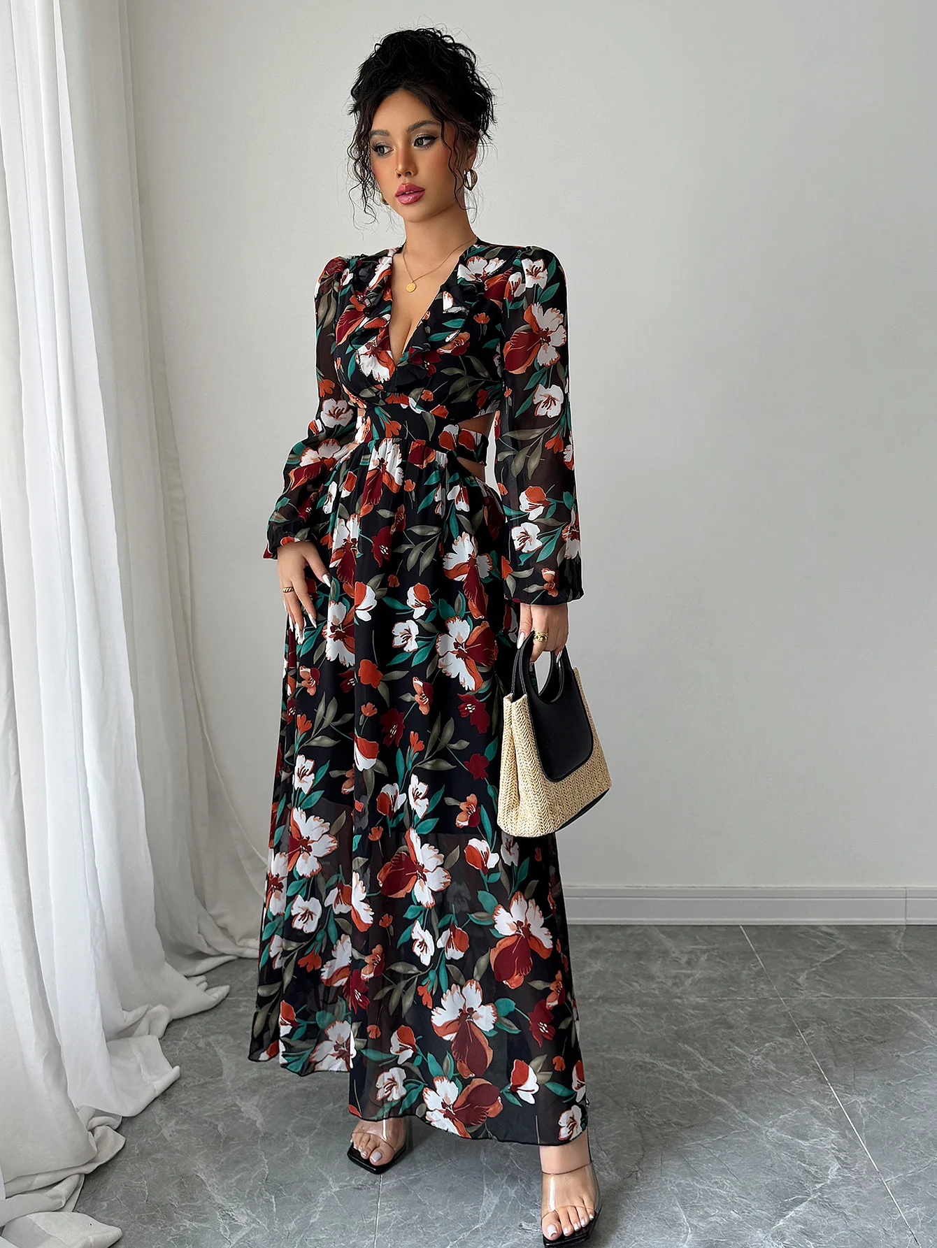 

Женское платье в 2 цветах, цветочное макси-платье с V-образным вырезом, рюшами, длинными рукавами, разрезом, в стиле бохо, для пляжа, отпуска, праздника, вечеринки, свадьбы, для гостей