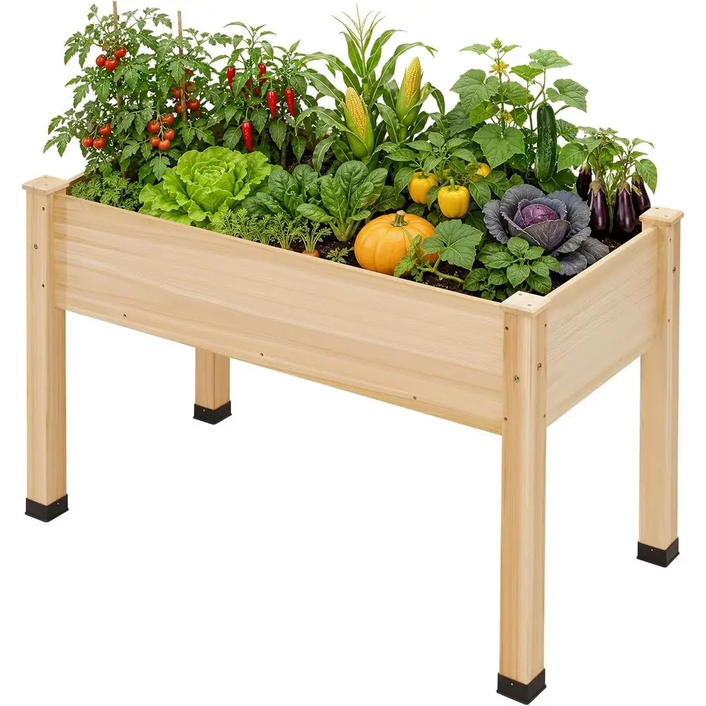 Elevated Wooden Planter Box, 48x30x24 Inches, with Liner, Legs, Divider, Drainage, for Patio or Backyard, 330 lb Capacity - Ligh