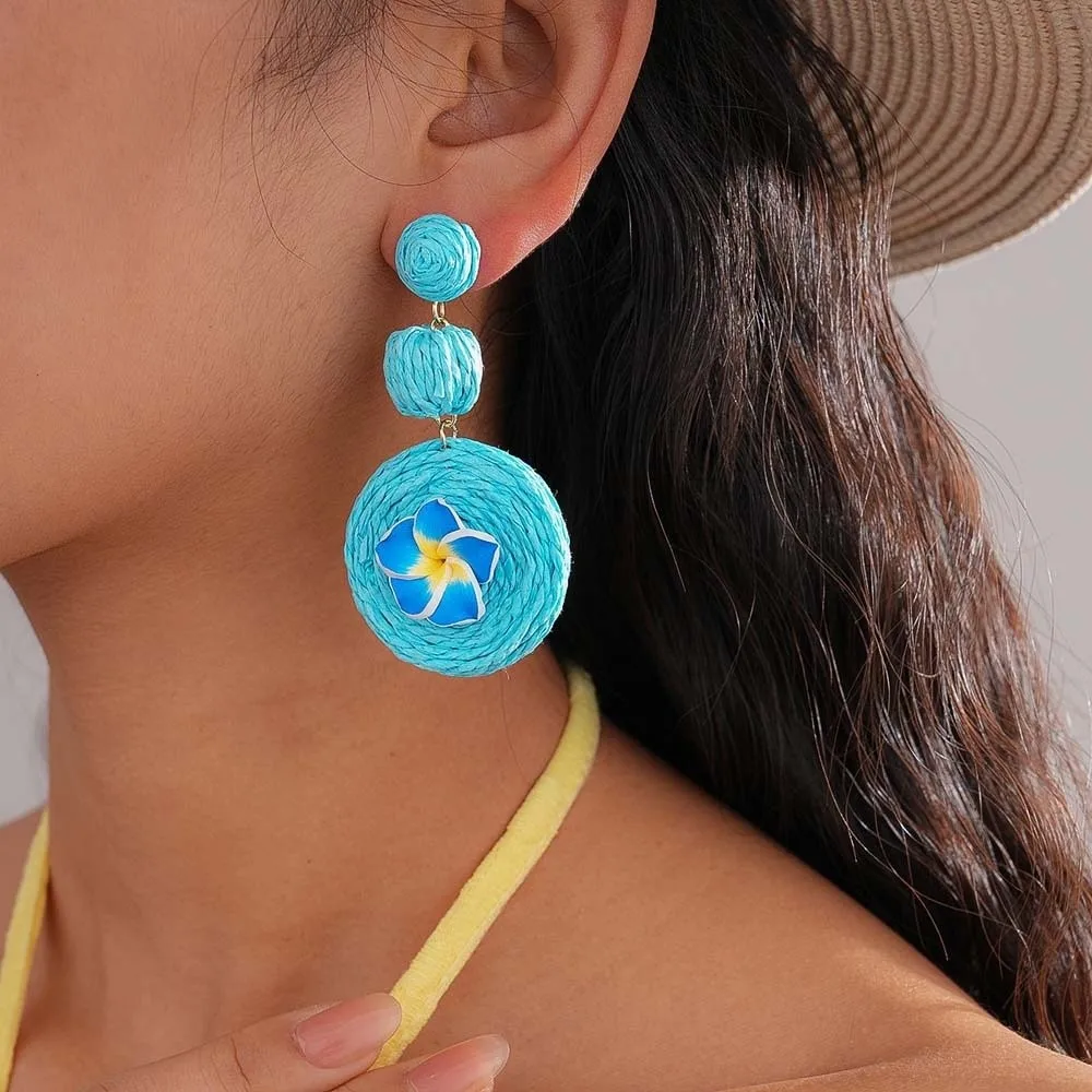 1 pair Temperament Egg Flower Earrings Bohemian Style Ethnic Style Thai Seaside Eardrops Elegant Exquisite Raffia Grass Earrings