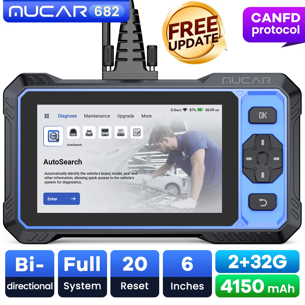 MUCAR 682 AI-Assisted Car Diagnostic Tool CANFD Bidirectional ECU Coding 20 Resets Full System Diagnosis Obd2 Scanner Life Free