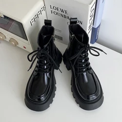 Women's Rubber Boots Shoes Round Toe Flat Heel Boots-Women Lace Up Rain Mid-Calf Ladies Med Mid Calf 2023 Autumn Rock Lolita PU