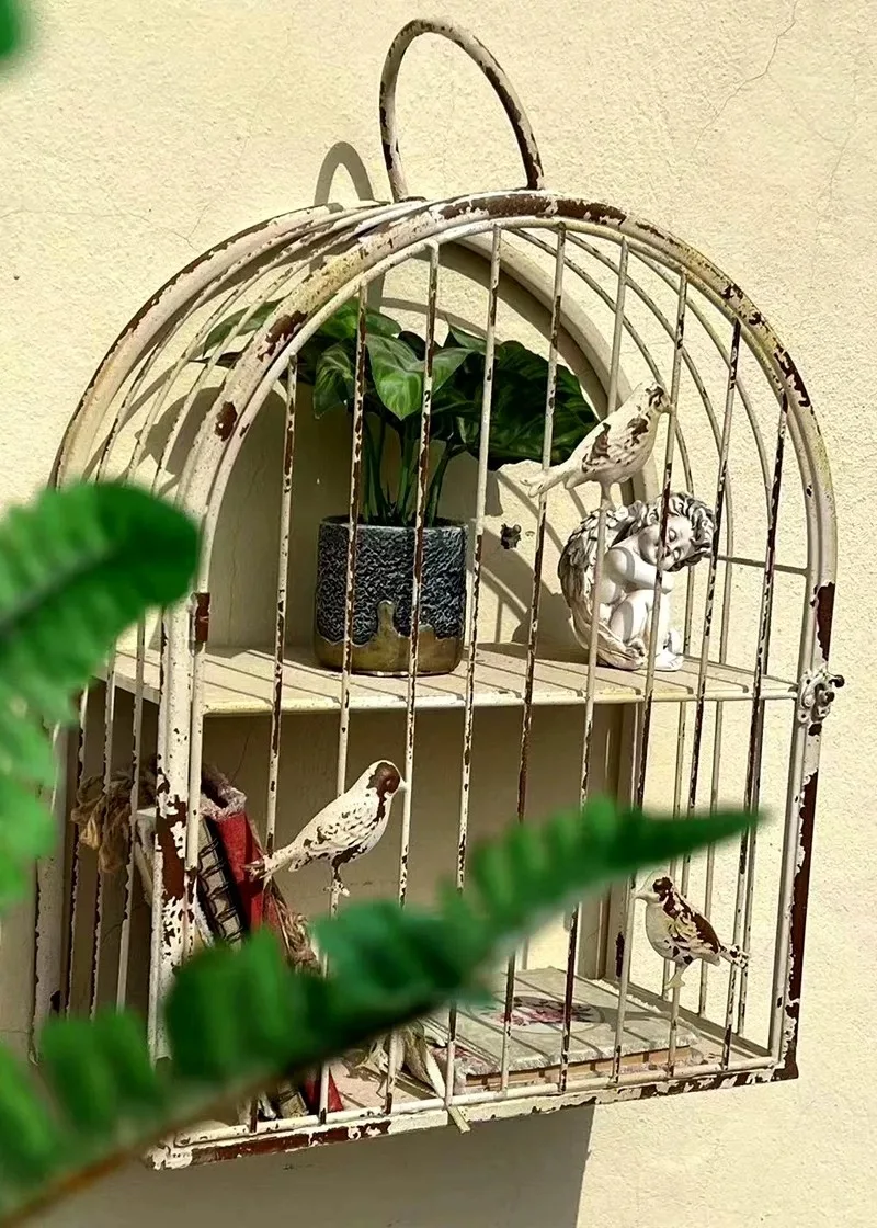 Vintage Bird Cage Wall Shelf Metal Hanging Decor, Rustic Farmhouse Birdcage Wall Storage Display with Birds, Antique White/Green