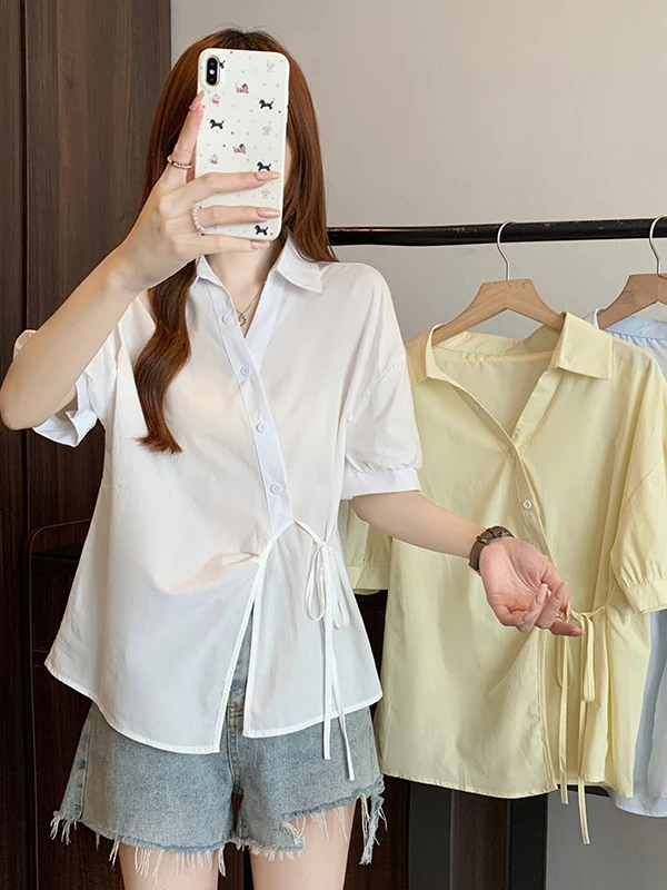 

plus Size Asymmetric Neck Short Sleeve Shirt Women's Fashion Slimming Versatile Top Korean Style Loose Fit Breathable Sk...