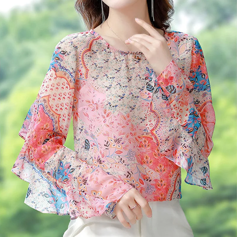 Spring Autumn Fashion Broken Flower Printed Blouse Women\'s Clothing Round Neck Korean Elegant Ruffles Loose Long Sleeve Shirt