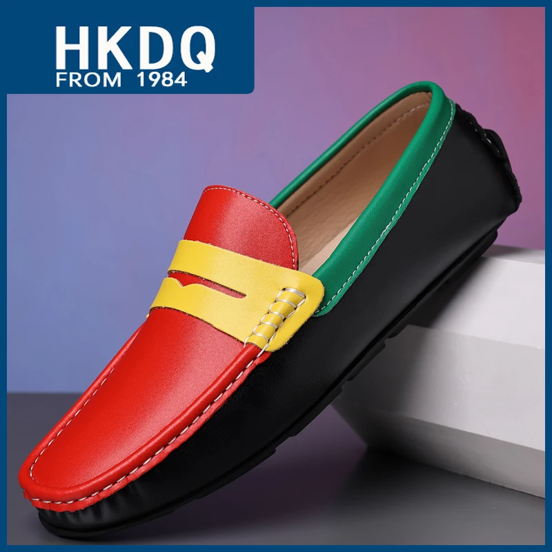 HKDQ Fashion Red Casual Leather Moccasins Men Summer Breathable Men's Loafers Soft Comfort Slip-on Driving Shoes Men Big Size 48