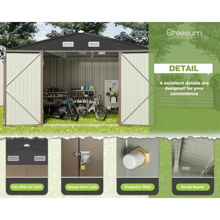 Outdoor Storage Shed 10 x 10 ft. Utility Tool Shed Metal Storage Garden Shed with Door & Lock for Patio Storage, Brown image 5