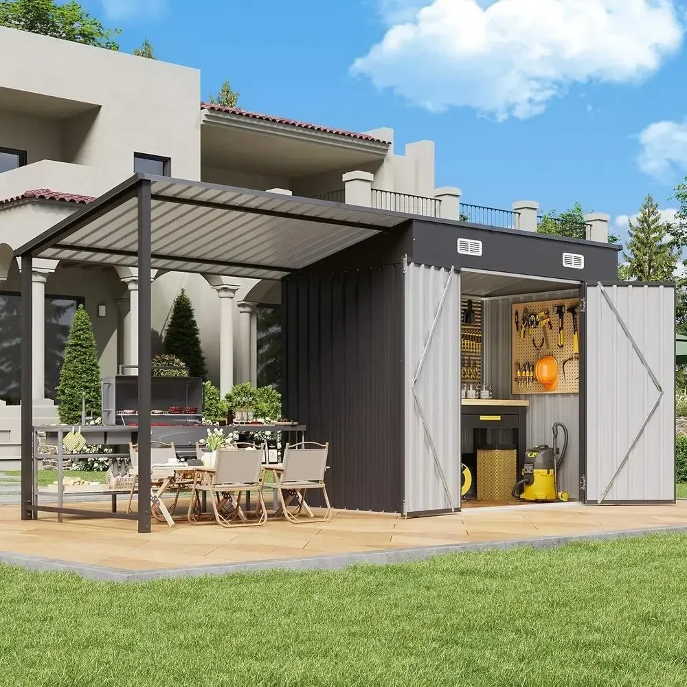 Outdoor Storage Shed & Hardtop Gazebo Combo, 12x4 Metal Lean-to Shed with Open Pergola, 2-in-1 Garden Tool Shed or Patio Shelter view 5