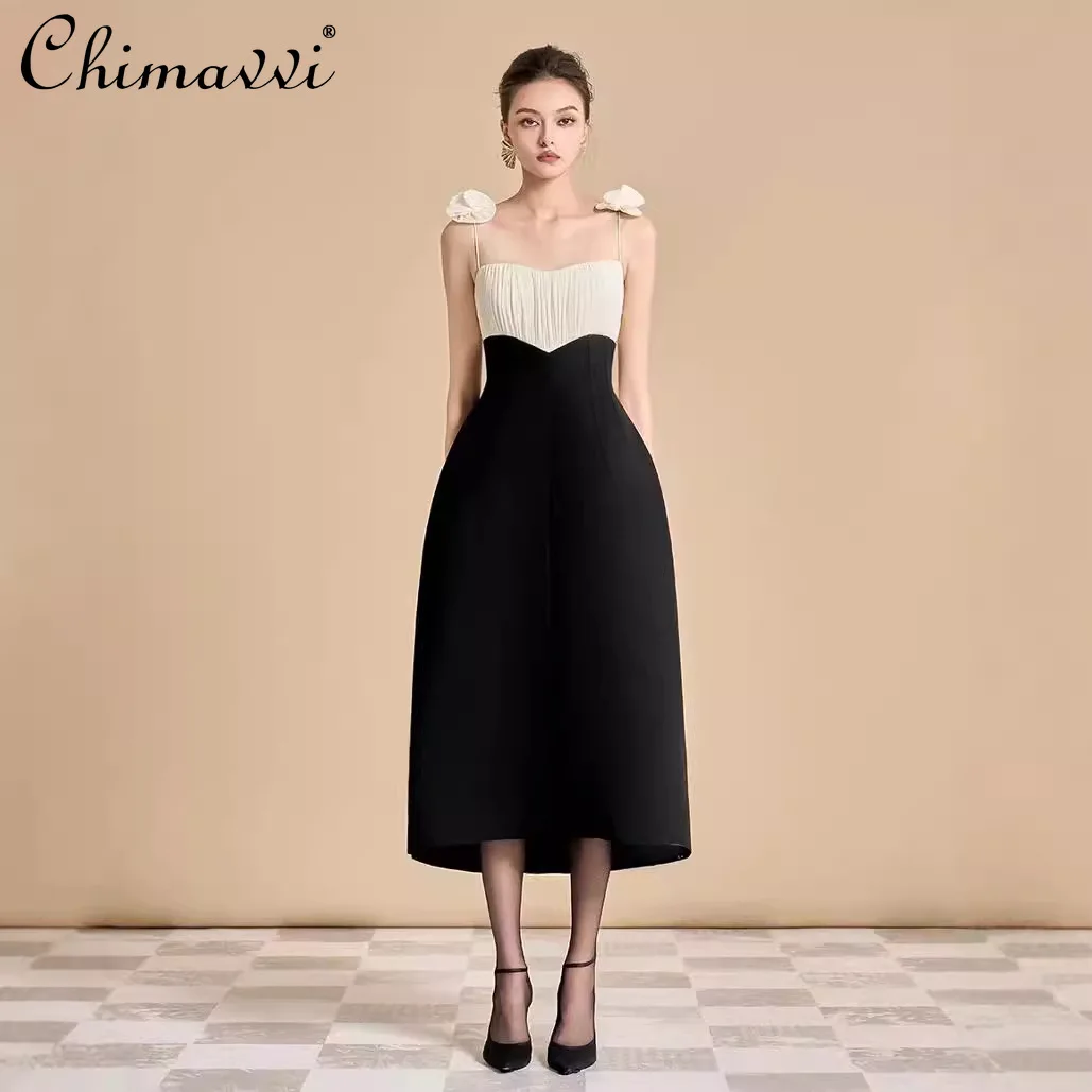 

Hepburn Style Flower Black and White Suspender Dress Summer New Fashion Splicing High Waist Slim-fit Elegant Party Long Dress