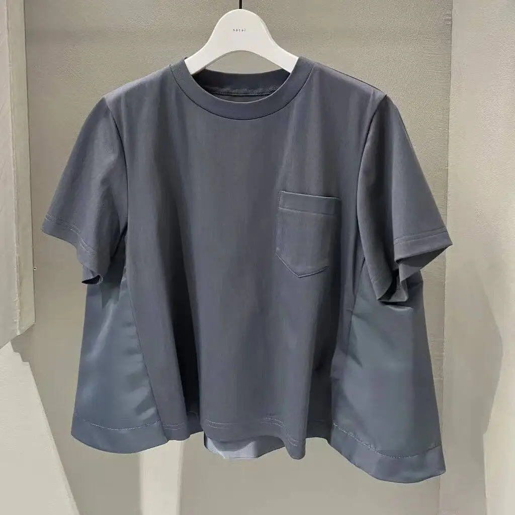 SAC Japanese splicing hem round neck short sleeve versatile loose T-shirt