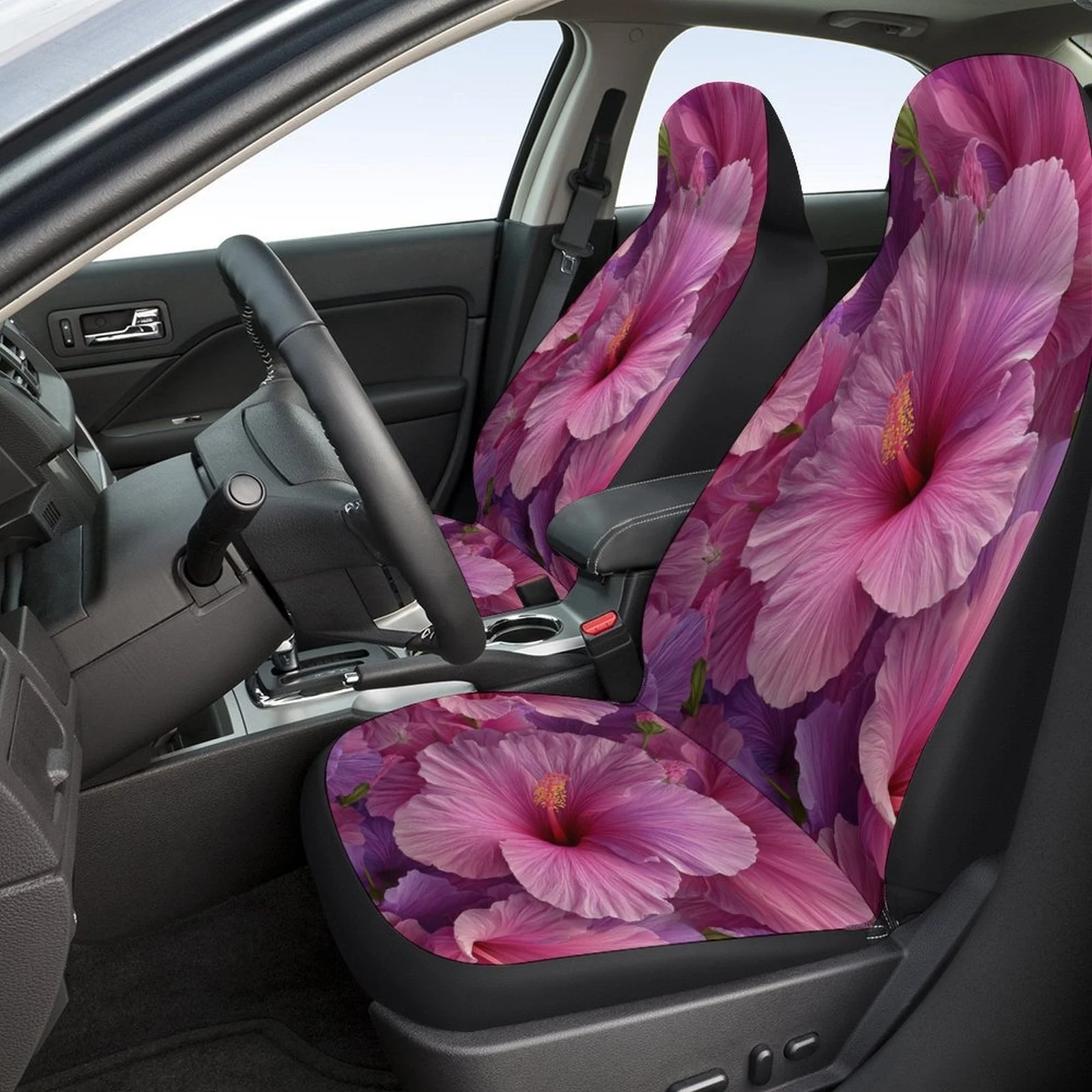 Set Of Car Seat Covers Featuring Hibiscus Flowers, Stylish And Unique Protectors For Most Vehicles, Complete Set For Two Front S