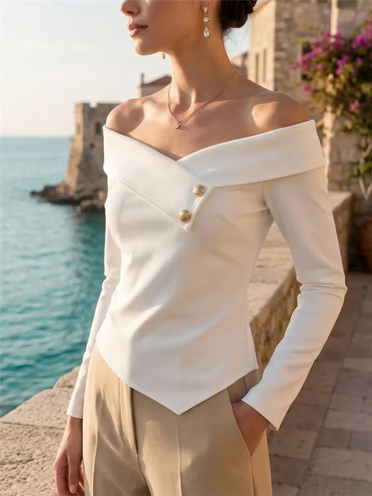 Sexy One Shoulder Long Sleeve Women's Shirt Autumn New Fashion Office Lady Knitted Elegant Women's Blouses Female Tops 2026 New