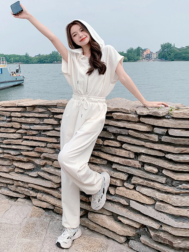 

Белый повседневный комбинезон-двойка для женщин: модный корейский стиль, маленький размер, брючный костюм для работы, с высокой талией, широкие штанины