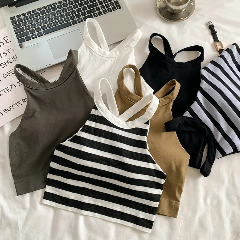 

Stripe Solid Sleeveless Camisole Cross Belt Round Neck Thin Strap Tank Top Crop Top Slim Fit Bralette Bustier With Pads Lady