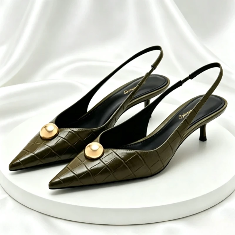 Luxury Designer Heeled Sandal Women Metal Detail Embossed Top Leather Pointed-toe Women's Pumps Comfortable Office Formal Heels