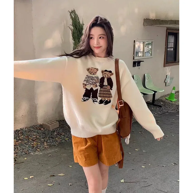 Spring Autumn Ladies New Atmosphere Cartoon Bear Soft Waxy Sweater Women Autumn Winter Comfortable Soft Cute Pullover Knit Top