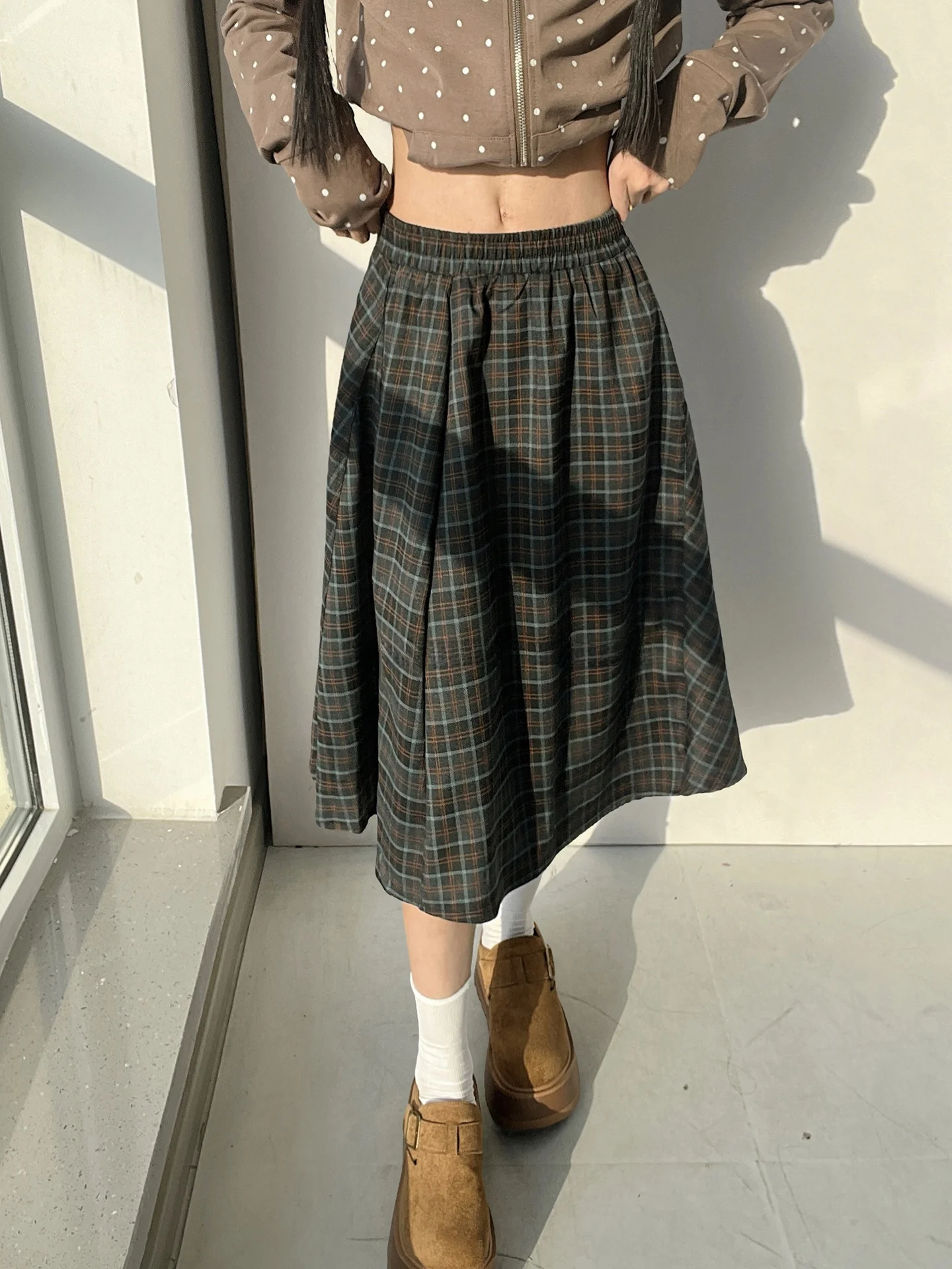 

Женская юбка MianCun в стиле ретро, пэчворк, в клетку, с высокой талией, миди, повседневная, свободного кроя, А-силуэт, модная