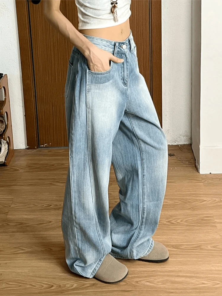 

Синие джинсы с узором «Бамбуковые бутоны», широкие, свободного кроя, женские, в американском ретро-стиле, с эффектом потертости, прямые, свободные джинсы прямого кроя