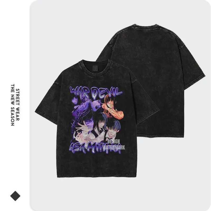 ميتاكا آسا تي شيرت خمر غسلها أنيمي C-منشار M-Man تي شيرت المتضخم ريترو ريز ماكيما السلطة السراويل كم التي شيرت القطن