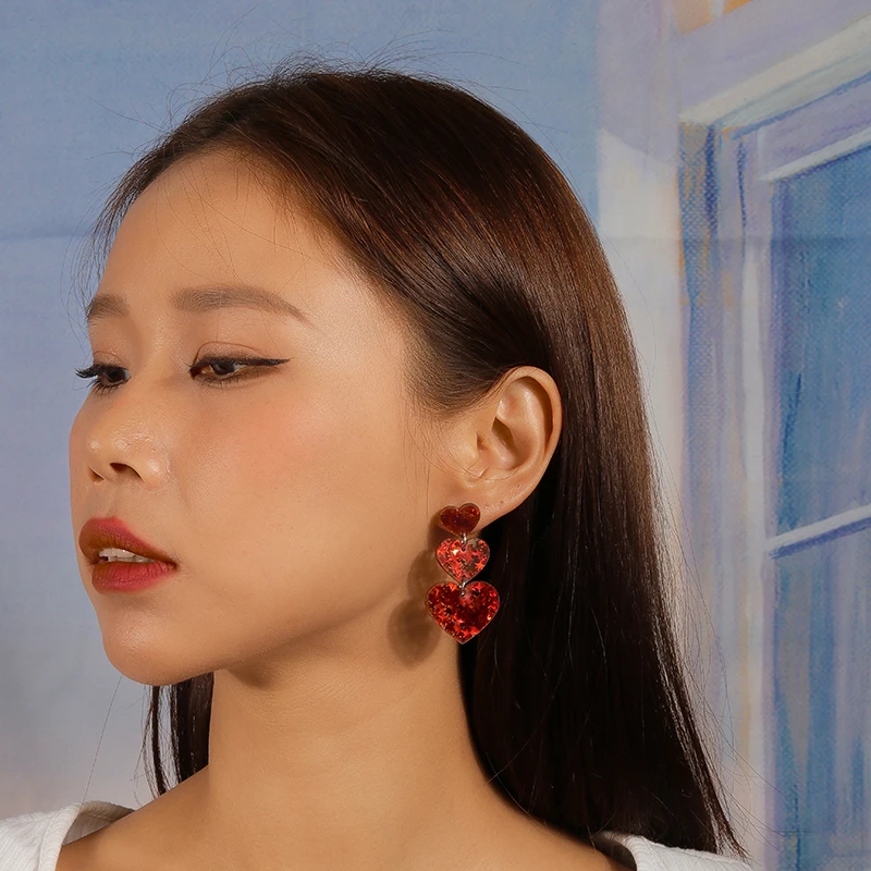 Fashion Red Color Love Heart Stud Earrings for Women Girls Party Holiday Jewelry Decoration