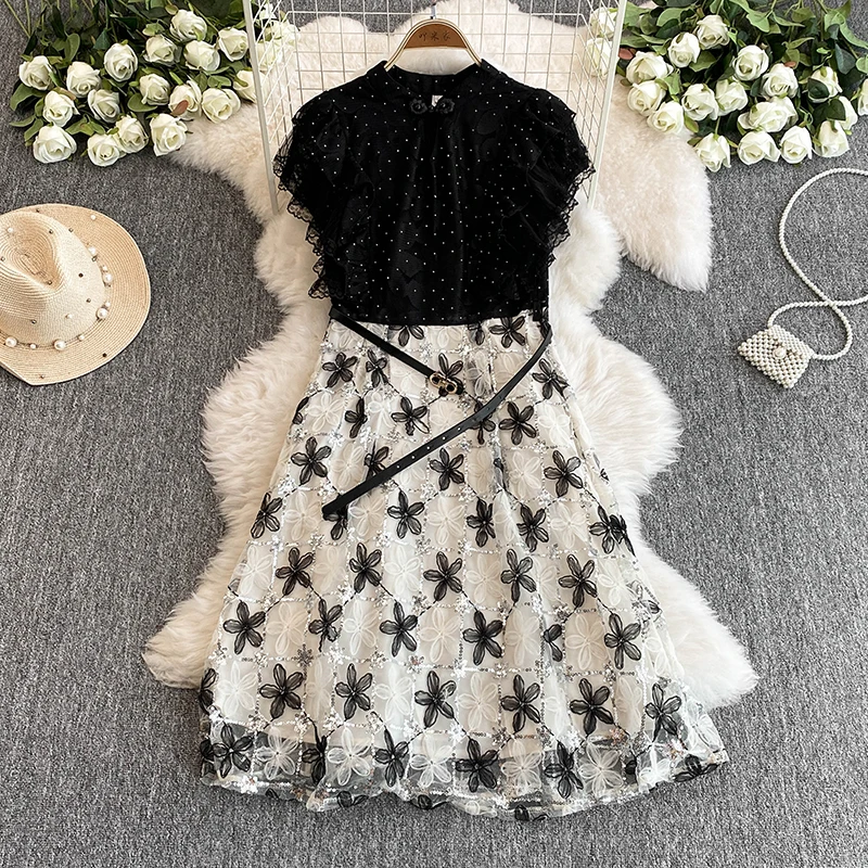 Summer Printed Lace Dresses With Belt Black Chiffon Patchwork Dress Light Luxury Sweet Girl Mid Length Dress