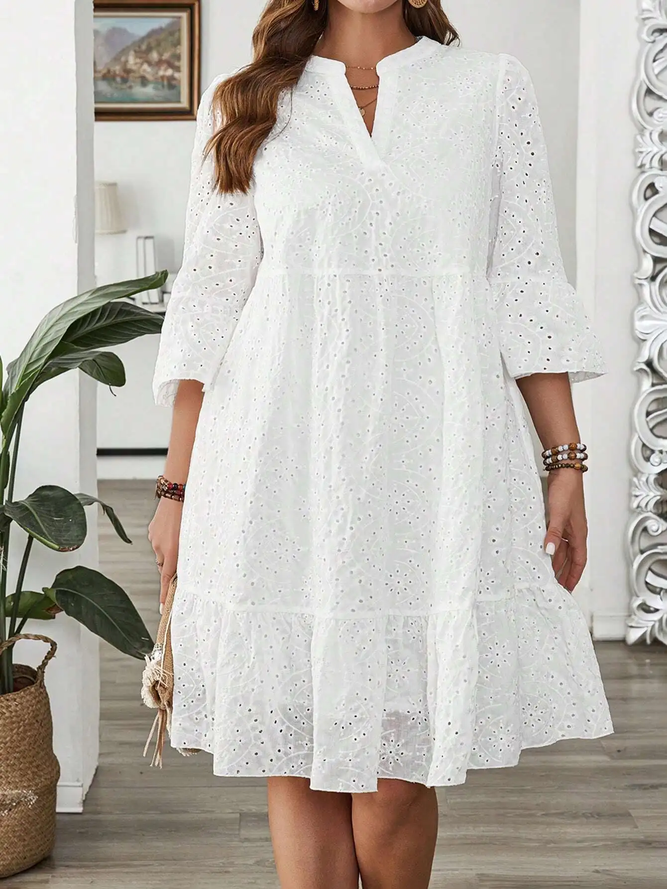 

White Eyelet Embroidery Summer Dress With V-Neck And Ruffled Hem