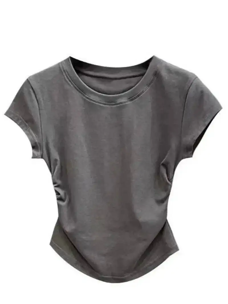 2026 Summer Y2K T Shirt Women Solid Color Kpop Vintage O-neck Crop Tops Woman Slim Skinny Clothing Clothes Ruffled Tees M987
