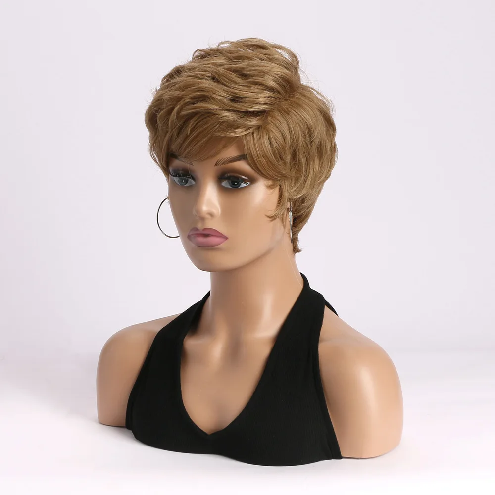 Synthetic Brown Short Curly Wigs for Women Fluffy Bouncy Hairstyle Pixie Cut Wig with Bangs Heat Resistant Daily Wigs