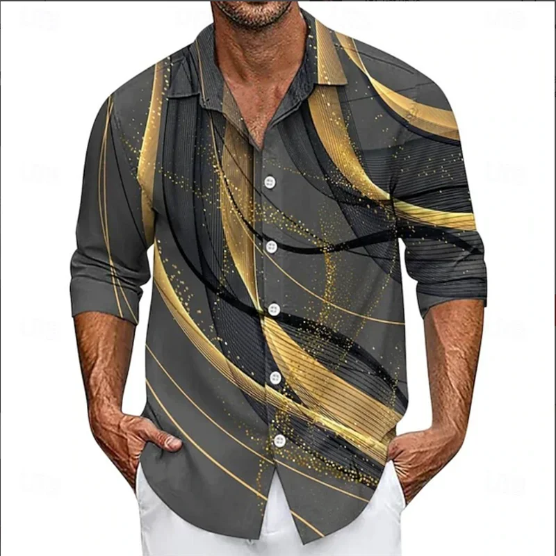 قميص رجالي رفيع ومريح بأكمام طويلة، قميص فاخر بأكمام طويلة بنمط طباعة رخامية هندسية ثلاثية الأبعاد لملابس ربيع الخريف